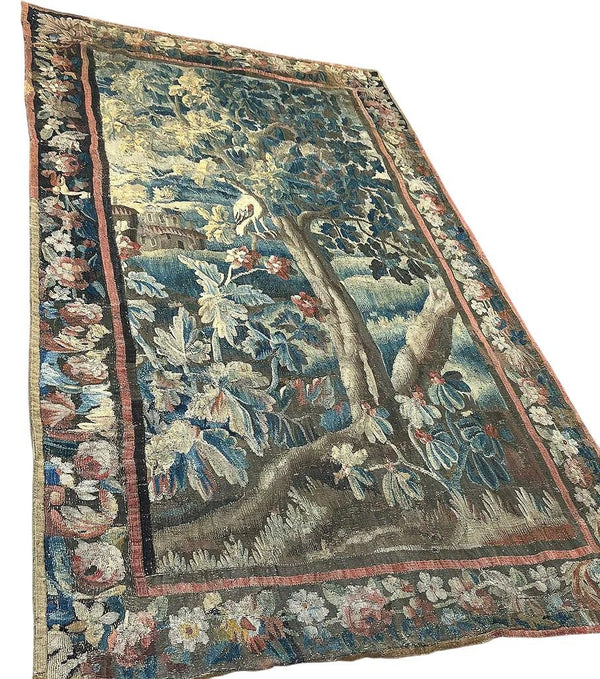 18th Century Franco-Flemish Verdure Tapestry with Bird in Flowering Landscape