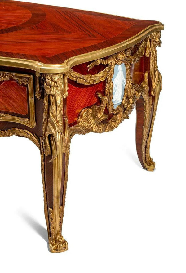 French 20th C. Louis XV Style Bronze Mounted-Kingwood & Plaque-Inset Bureau Plat