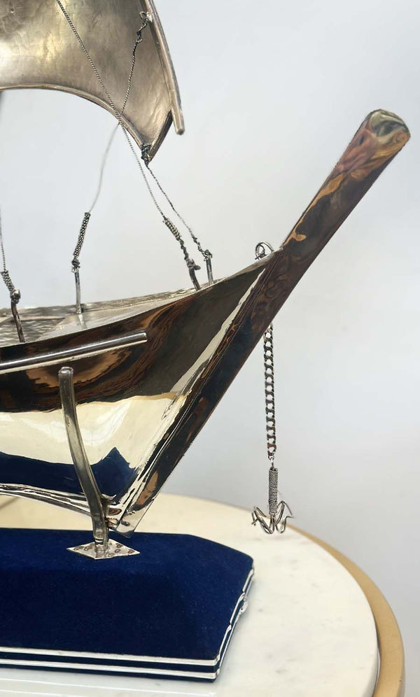 Rare 925 Sterling Silver Boat Sculpture on Blue Velvet Stand