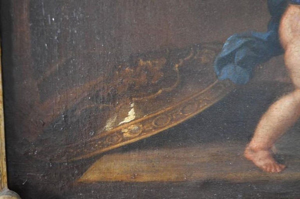 18th C. French School Oil Painting of Mars & Venus w/ Putti in a Giltwood Frame.
