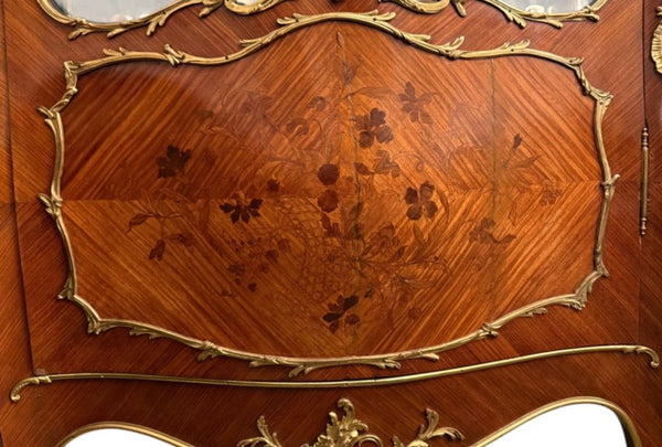 19th Century French Louis XV-Style Marquetry Vitrine with Gilt Bronze.