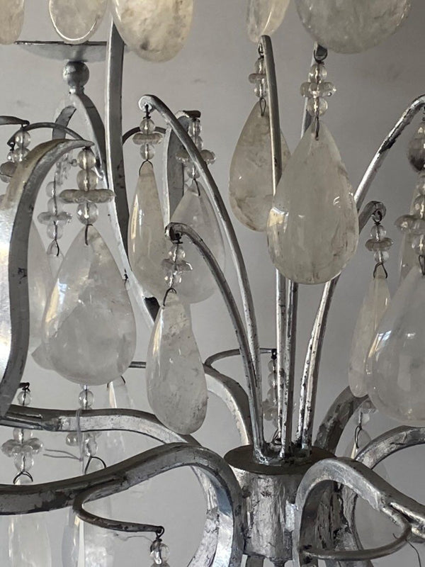 Large Silver Leaf Wrought Iron & Rock Crystal 6-Light Chandelier, 20th Century.