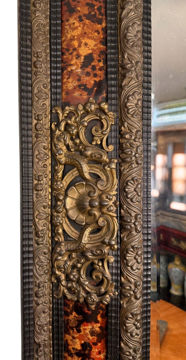 19th Century Flemish Repoussé Brass & Tortoiseshell-Pattern Mirror