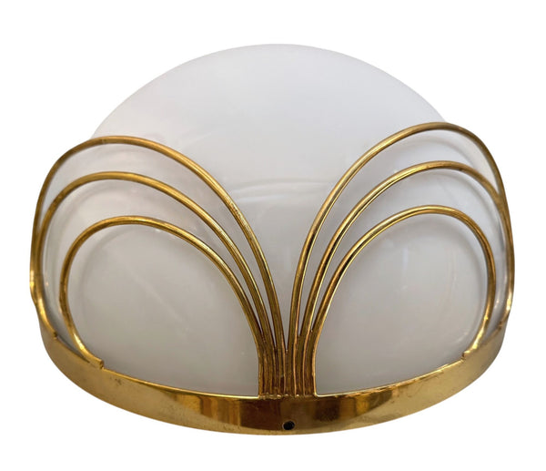 Pair of Italian Mid-Century Half-Moon Murano Opaline Glass & Brass Wall Sconces.