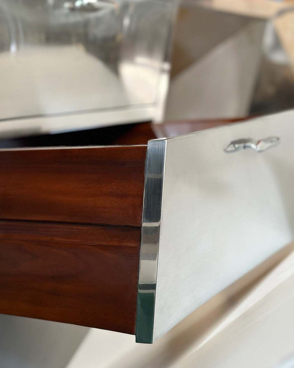 Minimalist “Popova” Desk in Brushed Stainless Steel with Mahogany Drawers. U.S.A