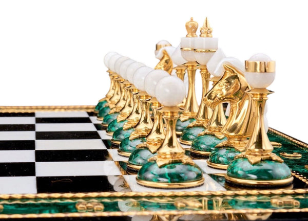 20th Century Russian Dolerite, Malachite & Kascholong Opal Chess Set.
