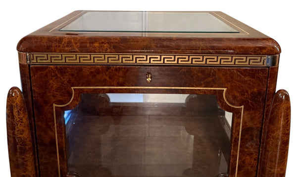 Versace Style Burl & Brass Greek Key Display Curio Vitrine. Italy, 20th Century.