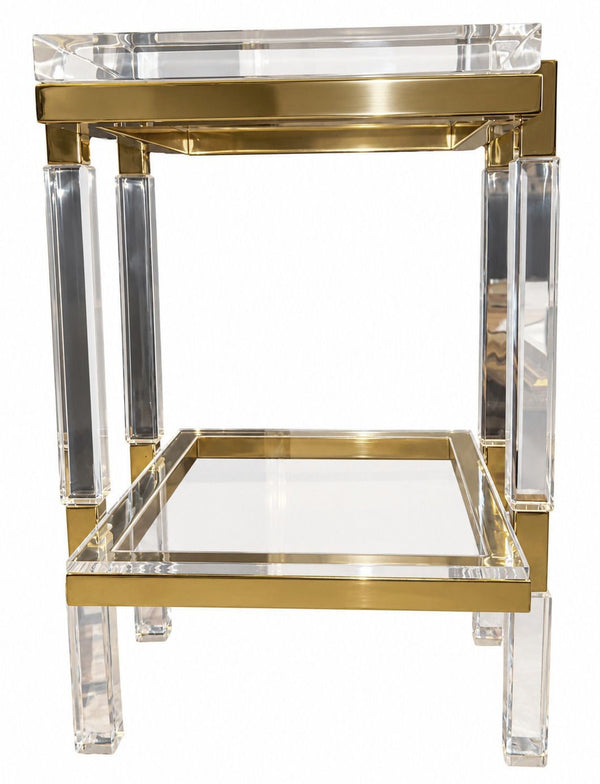 Pair of Charles Hollis Jones Lucite & Brass Two-Tier Side Tables, Late 20th C.
