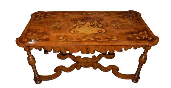 19th Century Italian Marquetry Inlaid Walnut Table with Scalloped Apron