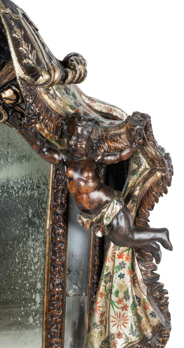 Late 18th Century Italian Venetian Hand Carved Wood Mirror w/ Putti & Drapery