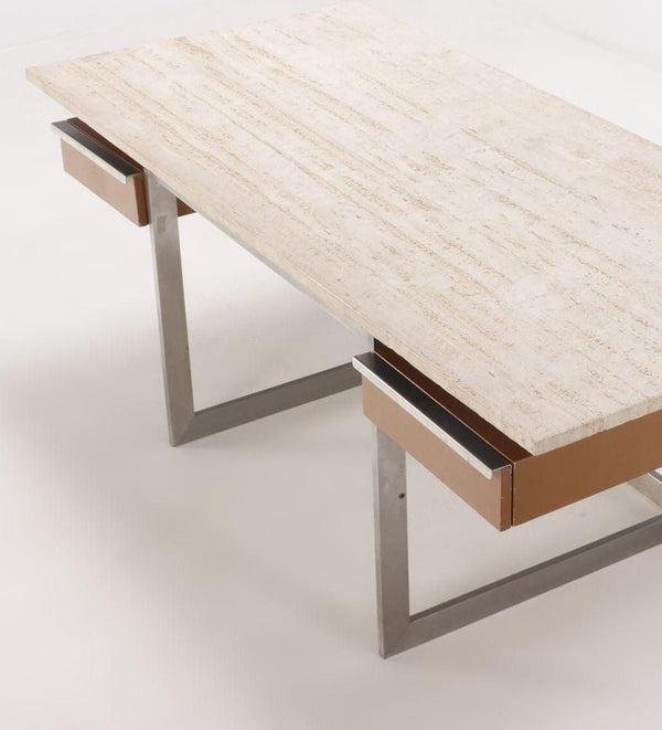 Large Executive Desk with Travertine Top and Steel Base. France, 1970's.