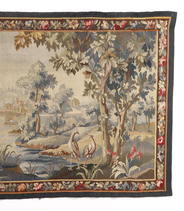 19th Century Flemish (Belgium) Pictorial Verdure Wool Tapestry Signed A.M.R.B.