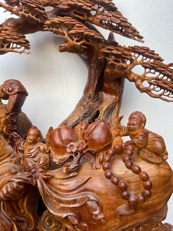 Large Hand-Carved Padauk Wood Hotei Buddha with Children and Bonsai Tree,1950's.