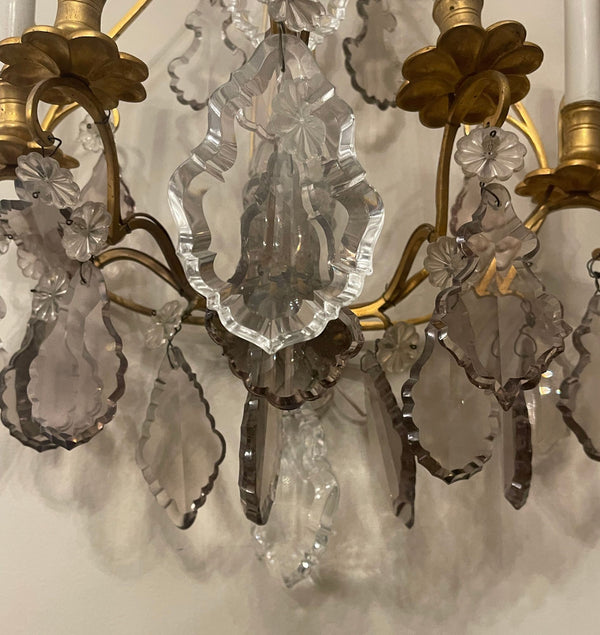 Pair of French Gilt Bronze and Crystal Wall Sconces, Late 19th Century.