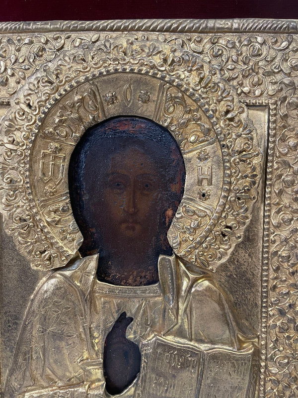 19th Century Russian Icon of Christ Pantocrator with Gold Metal and Gilt Frame