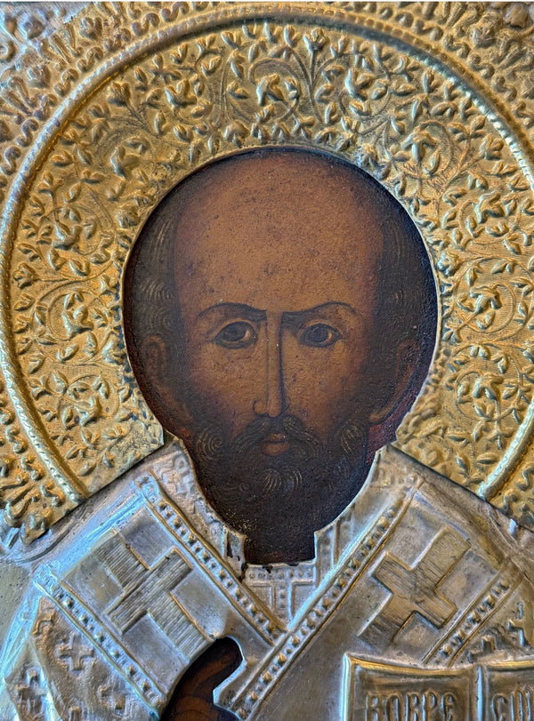 19th Century Russian Saint Nicholas Icon with Repoussé Oklad