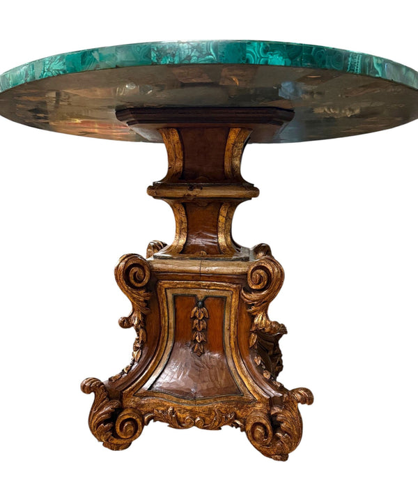 Late 19th Century Italian Carved Wood Base & Malachite Top Center Table