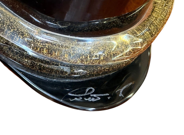 Signed Camozzo Murano Dark Amethyst Art Glass Vase with Gold Flecks.