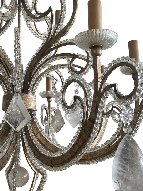 Pair of French Silver Leaf Wrought Iron Chandeliers w/ Rock Crystal–20th Century