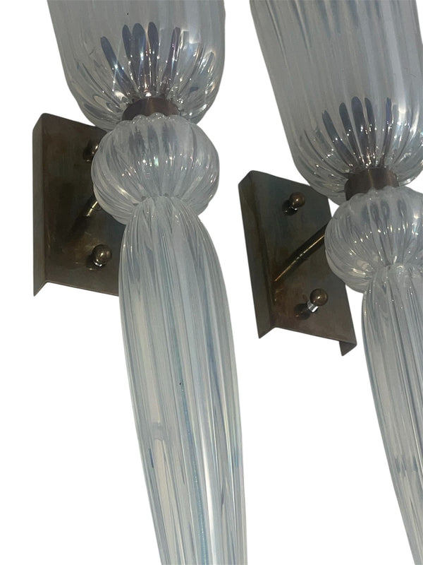 Set of Six Modernist Celadon Opaline Murano Glass & Brass Sconces – 21st Century