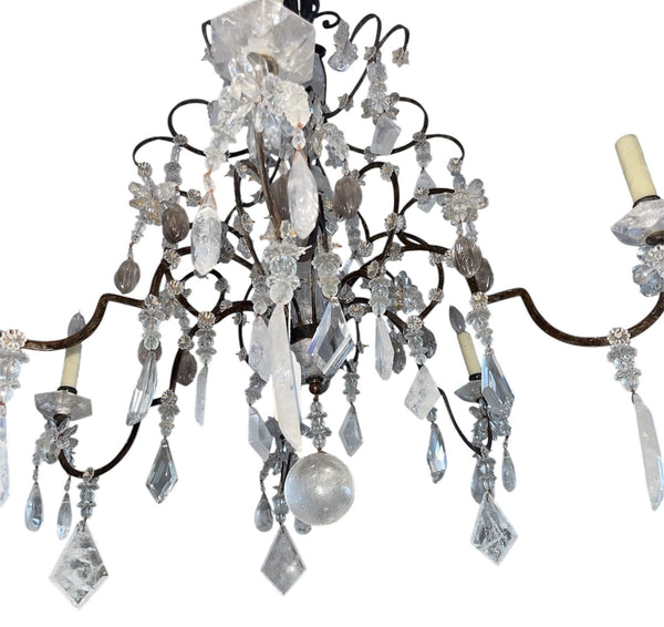 French 1950's Wrought Iron, Cut Glass and Rock Crystal Chandelier