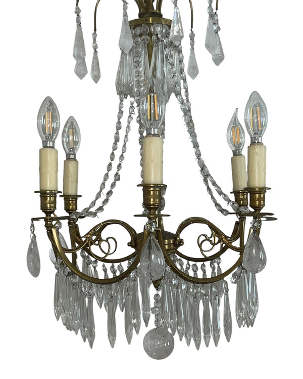 Pair of French Brass Chandeliers with Rock Crystal & Glass. Early 20th century.