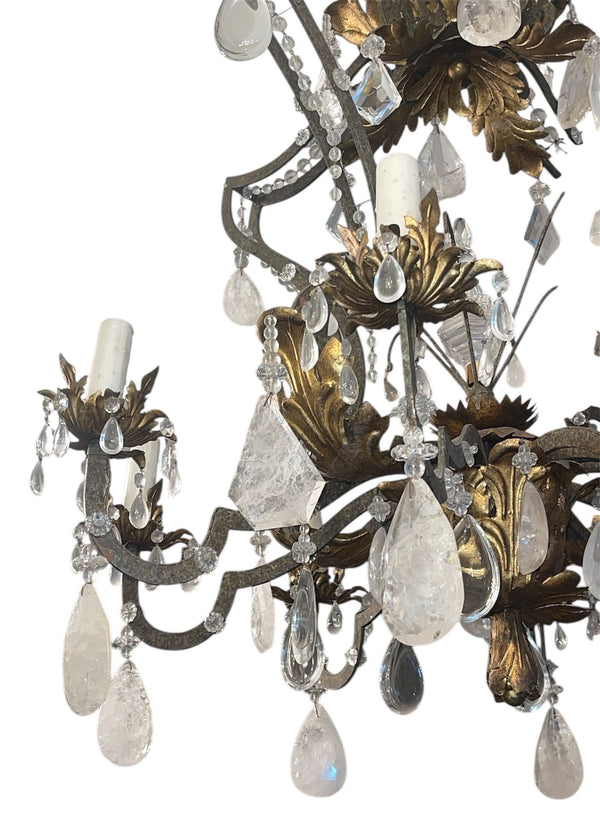Impressive Early 20th Century French Wrought Iron and Rock Crystal Chandelier
