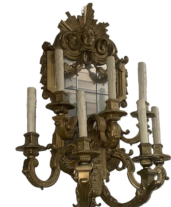 Late 19th Century Pair of French Gilt Bronze Mirrored Wall Sconces Regency Style