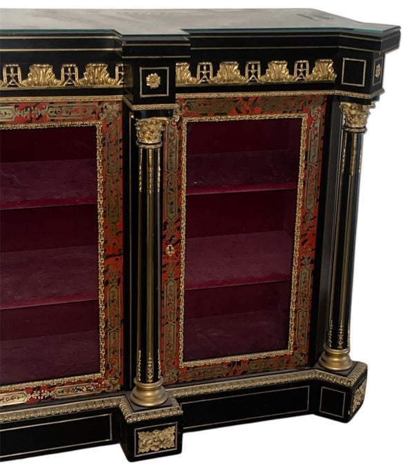 19th C. Napoleon III French Boulle Bronze Mounted Vitrine Cabinet w/ Glass Top