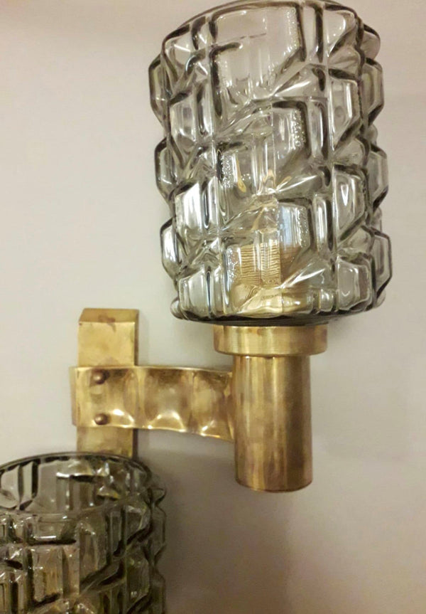 Set of Eight Triple Smoky Murano Glass Sconces. Italy, 1980's.