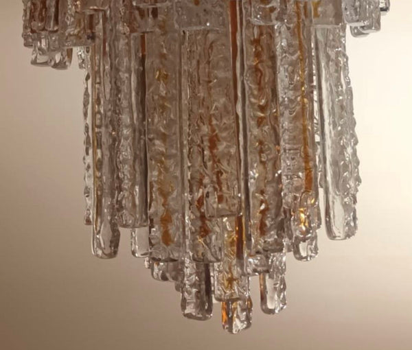 Pair of Amber/Clear Murano Glass Planks Chandeliers by Mazzega. Italy, 1960's.