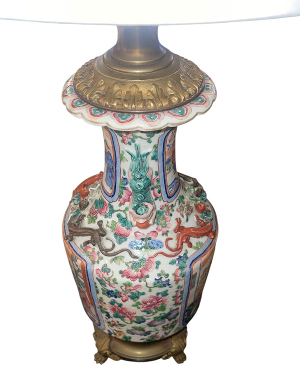 19th Century Chinese Famille Rose Porcelain & Bronze Table Lamp