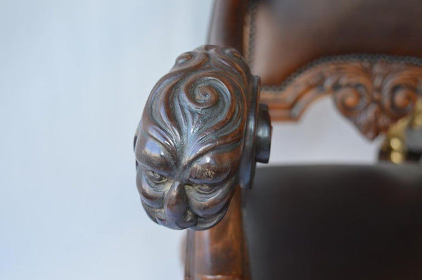 Mid-19th Century Italian Baroque Style Walnut & Leather Throne Chair