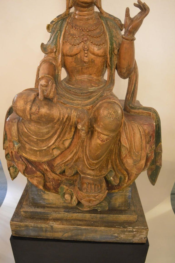 Large Chinese Hand-Carved Polychrome Wood Figure of Guanyin, Late 19th Century.