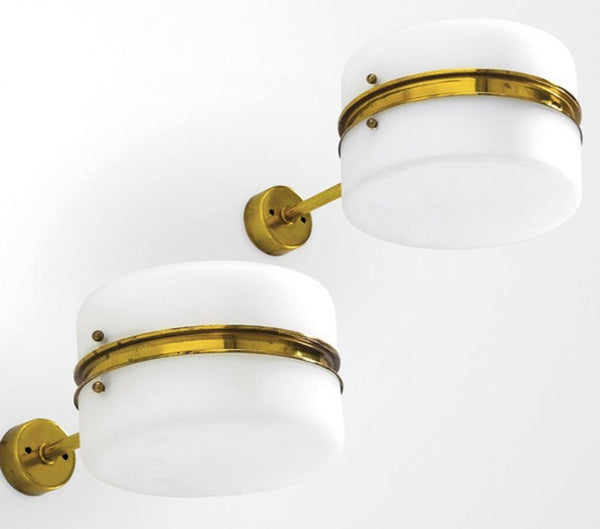 Set of Three Stilnovo Brass & Opaline Glass Wall Sconces, Italy, c. 1960's.