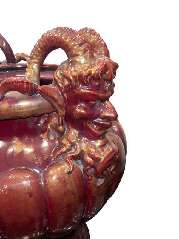 Large Continental Glazed Earthenware Faun Mask Jardinière. Early 20th Century.