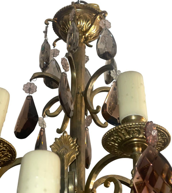 French Early 20th Century Brass and Bronze Chandelier w Mixed Cut Crystal Colors