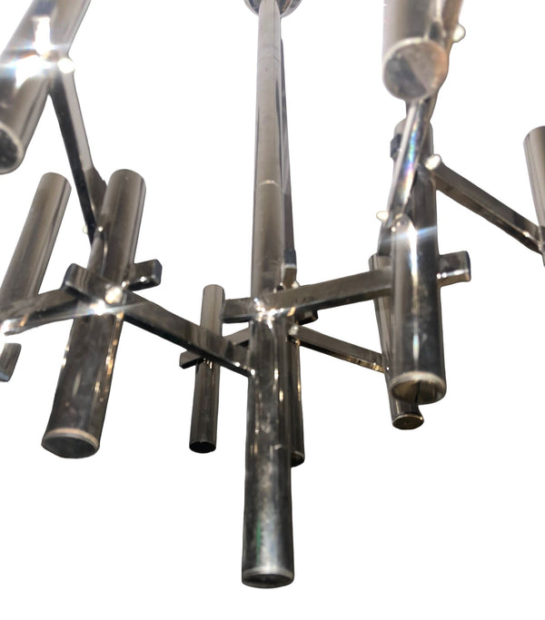 Gaetano Sciolari Chrome Tubular Chandelier. Italy, 1970's.