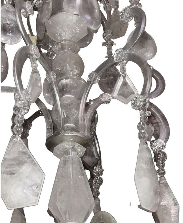 Italian 20th Century Silver Leaf Wrought Iron Chandelier with Rock Crystal