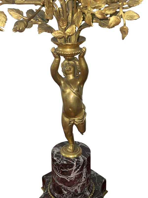 Pair of 19th Century Gilt Bronze Figural Putti Candelabras on Marble Base