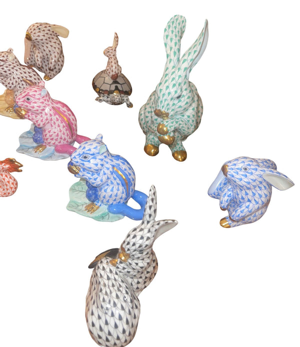 Set of Ten Herend Fishnet Porcelain Animal Figurines. Hungary, 20th Century.