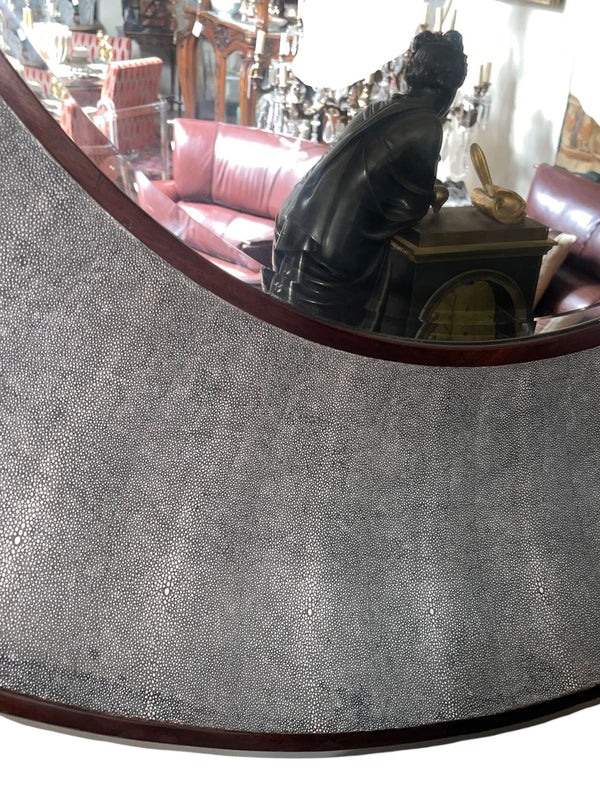 Italian Faux Shagreen & Walnut Concave Round Mirror, Late 20th Century.