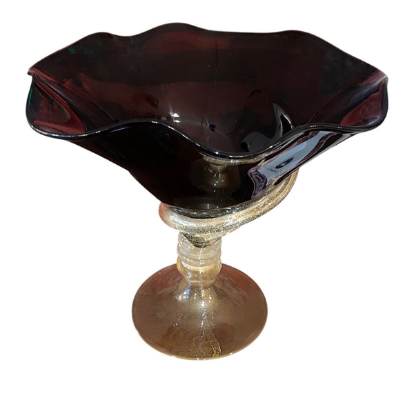 Dark Amethyst Murano Glass & Gold Fleck Glass Compote. Signed by Camozzo.