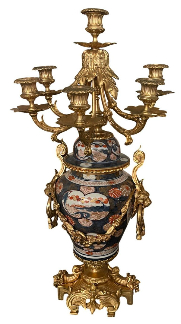 19th Century French Imari Porcelain & Patinated Bronze Garniture Clock Set