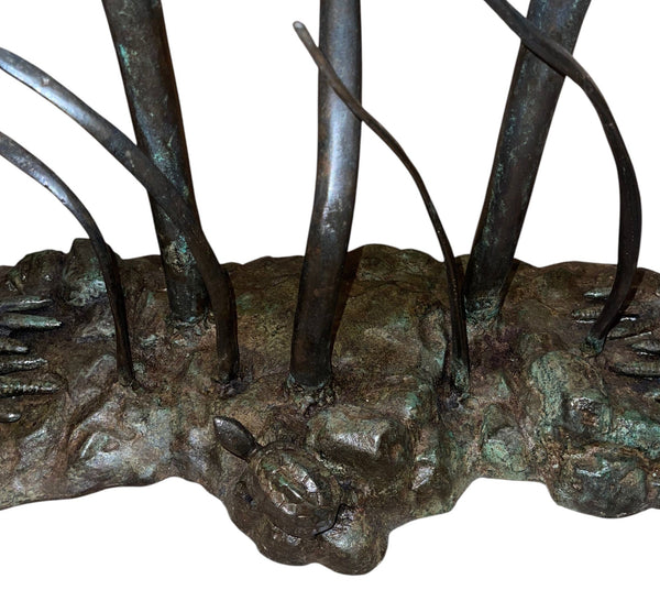 LaBarge Bronze Crane & Lily Pad Glass Top Console Table. U.S.A Late 20th Century