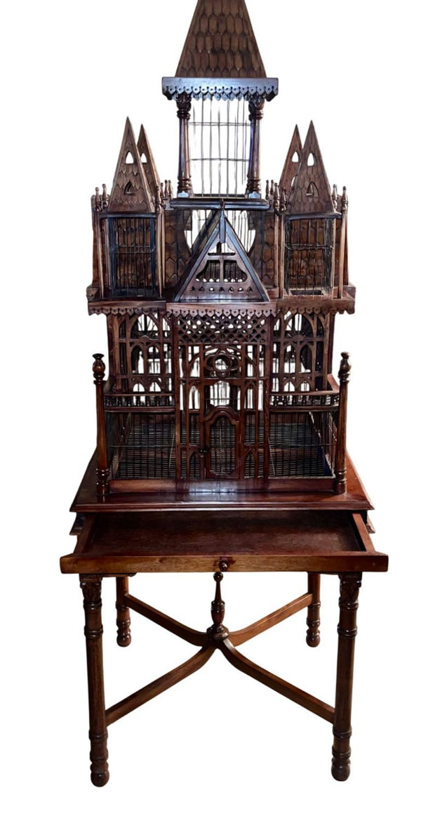 Monumental Victorian Gothic Revival Mahogany Bird Cage on Stand. England 19th C.