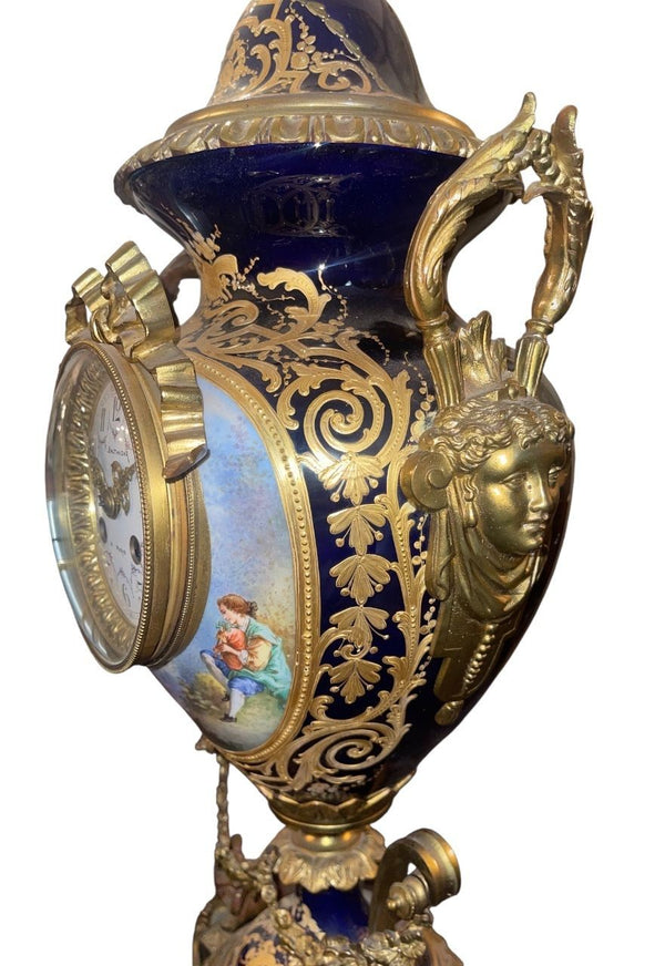 Large 19th Century French Sevres Porcelain Bronze Clock Balthazar Paris