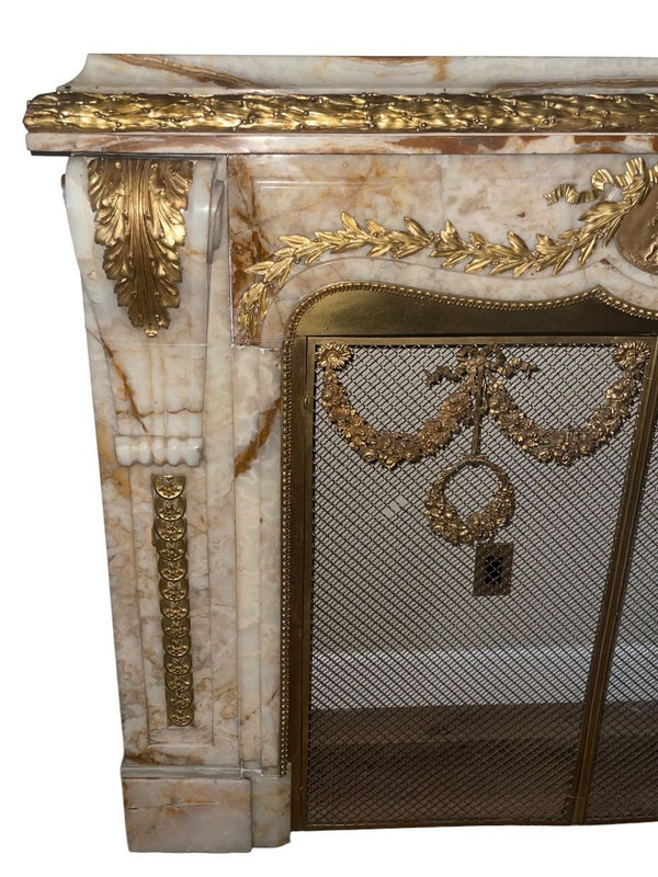 19th Century French Louis XV–Style Onyx & Dore Bronze Fireplace Mantle