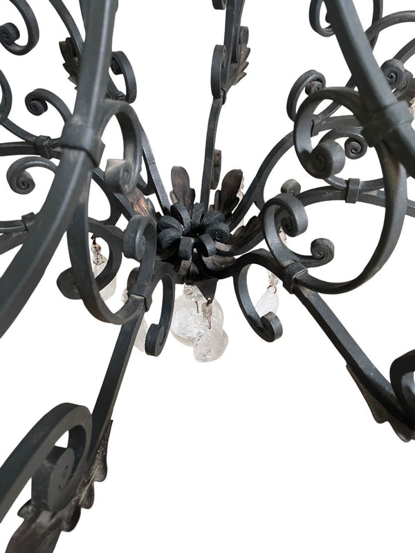 Large Wrought Iron Chandelier with Rock Crystal Drops & Prisms, Italy, 20th C.