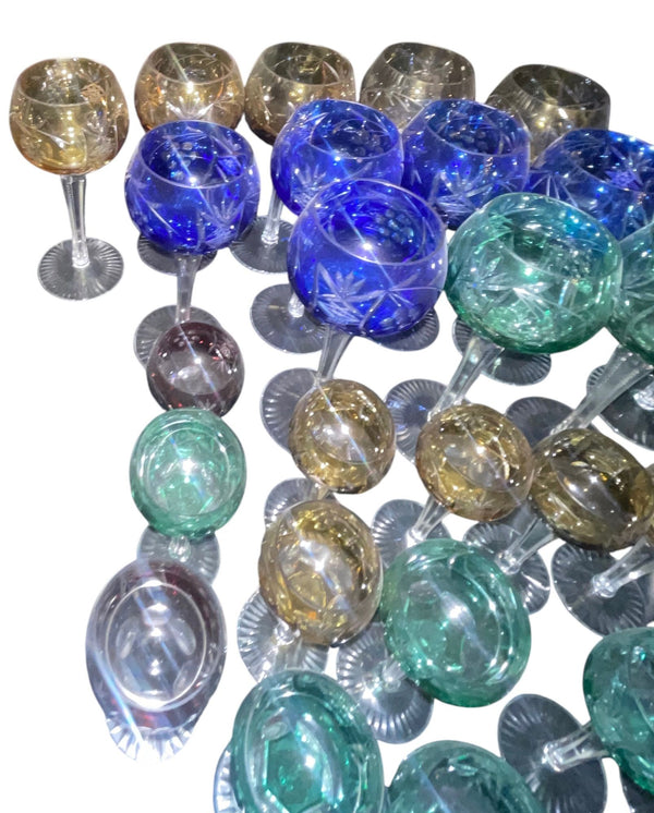 Set of Sixty Cut Crystal Colored Wine & Cordial Glasses. Czech Republic Mid-20th
